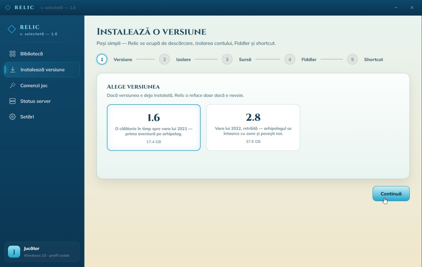 Asistentul de instalare — alege versiunea 1.6 sau 2.8
