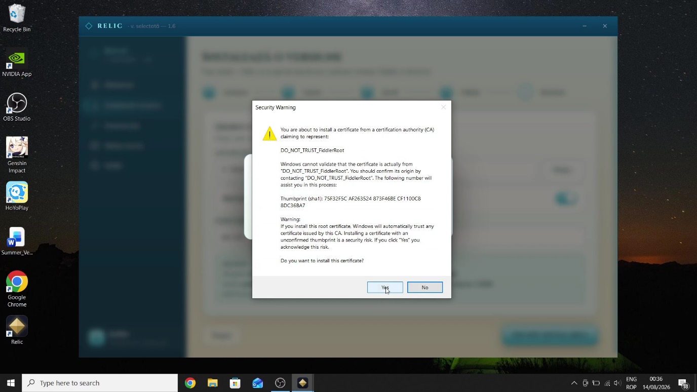 Security Warning — instalarea certificatului DO_NOT_TRUST_FiddlerRoot