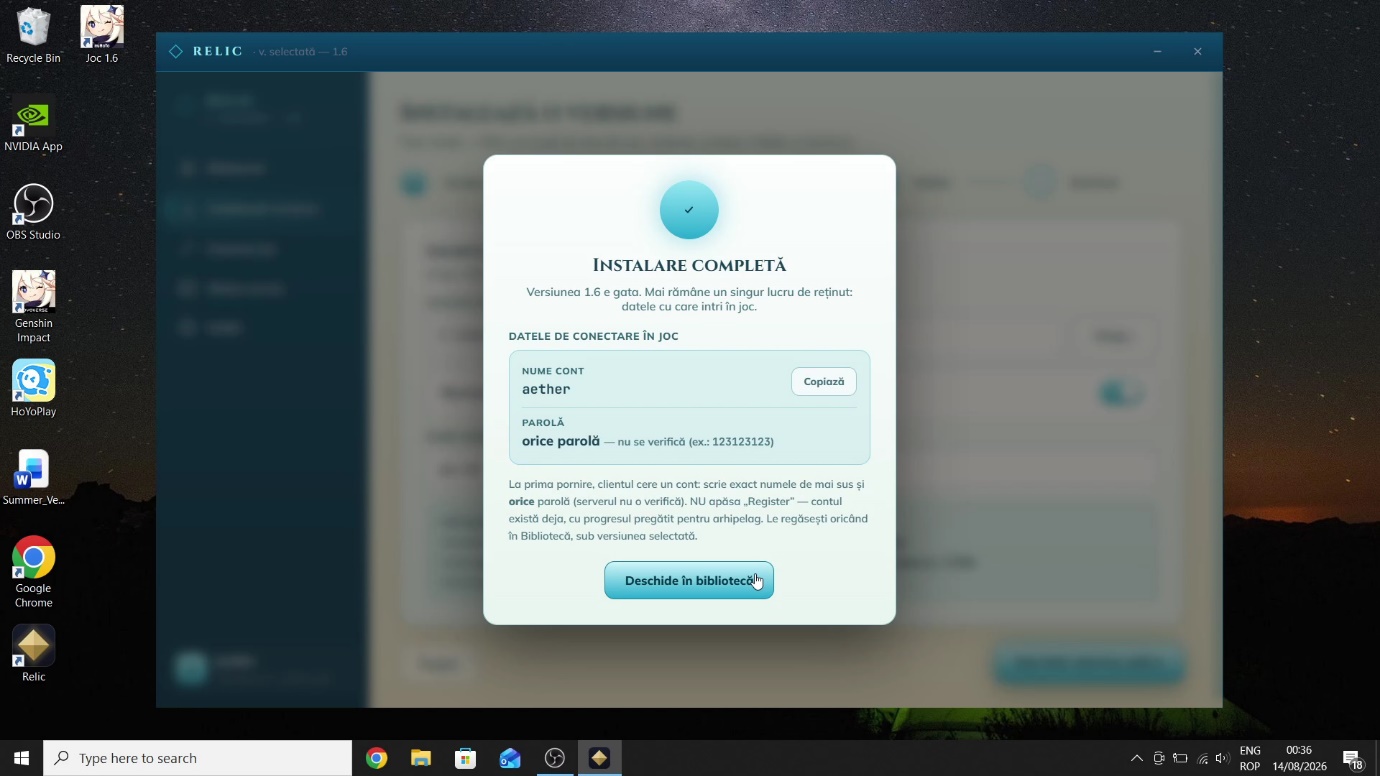 Instalare completă — datele de conectare în joc