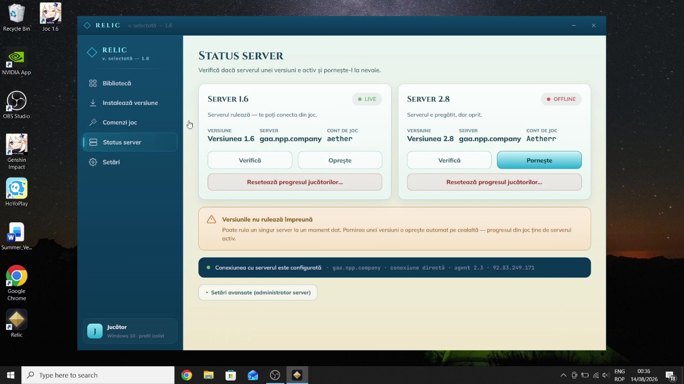 Pagina Status server — serverele 1.6 și 2.8