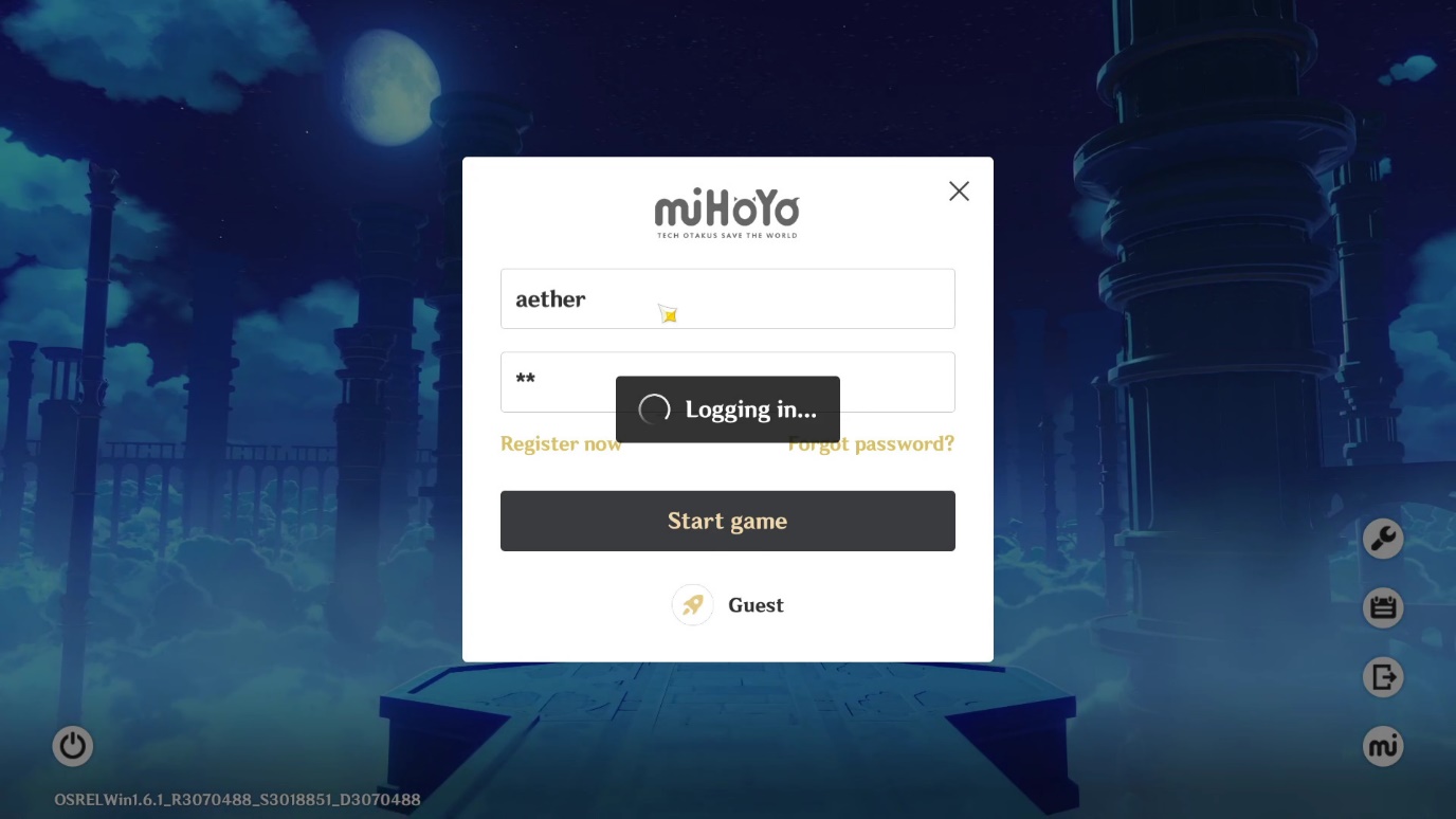 Ecranul de login miHoYo — user aether, orice parolă