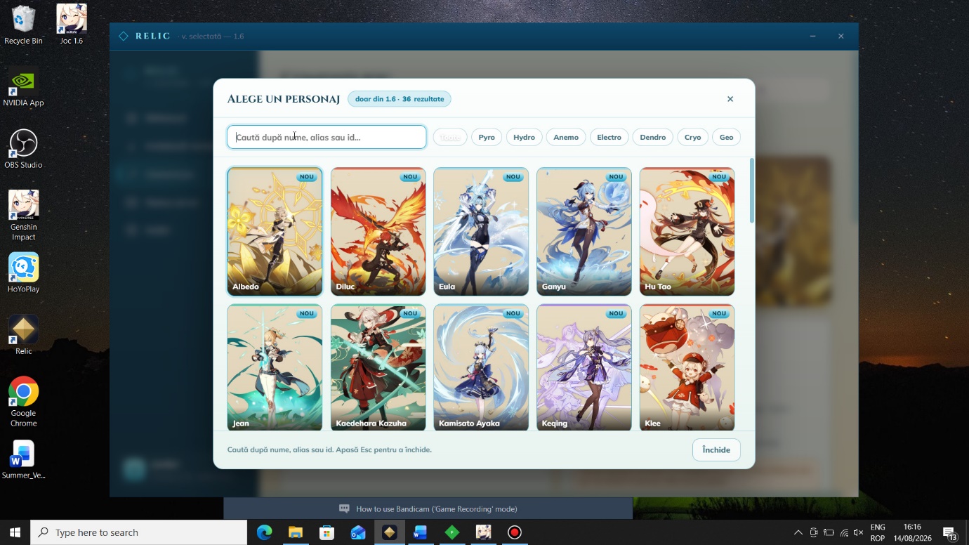 Meniul Alege un personaj din launcher