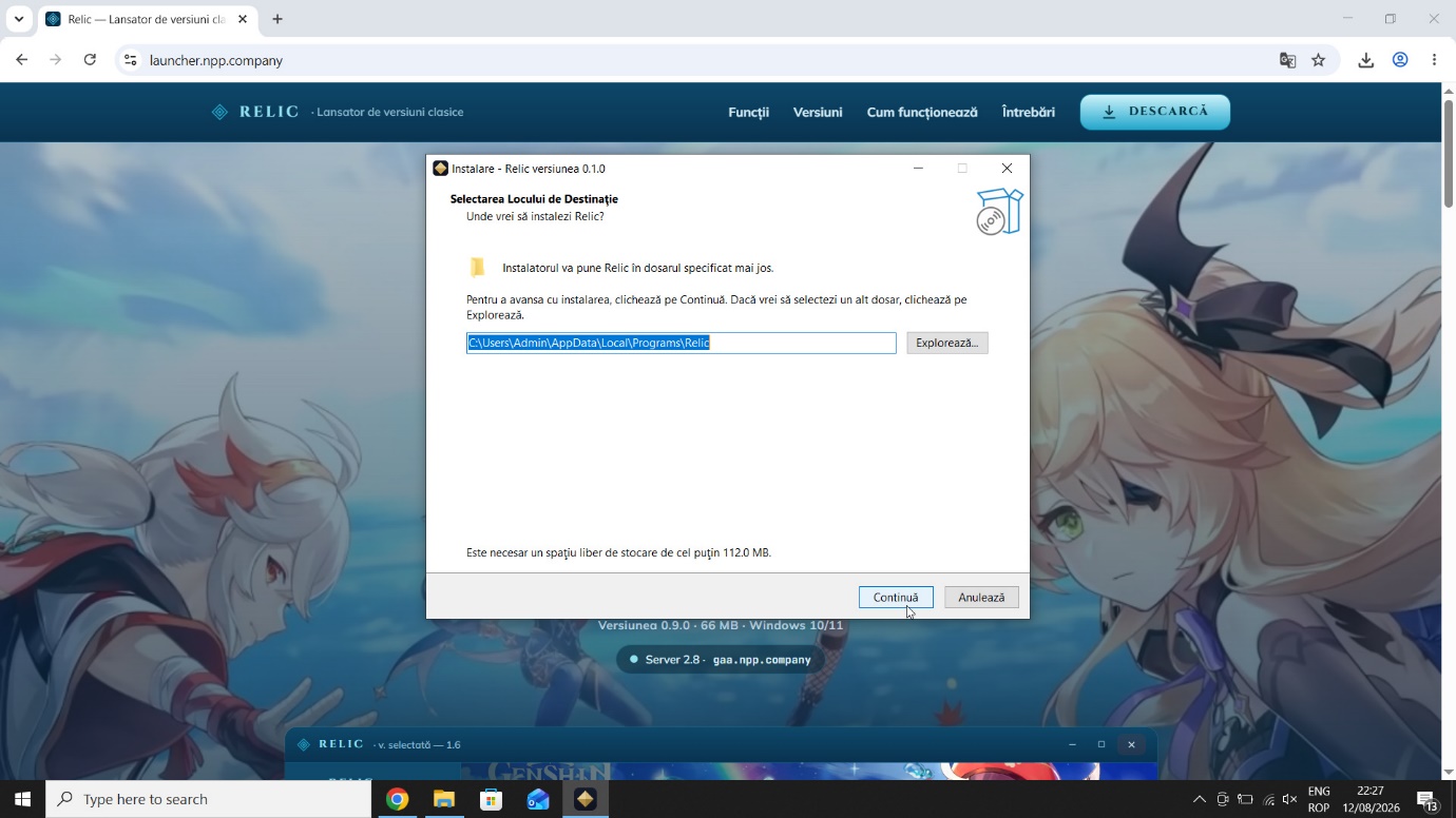 Installerul Relic — primul ecran